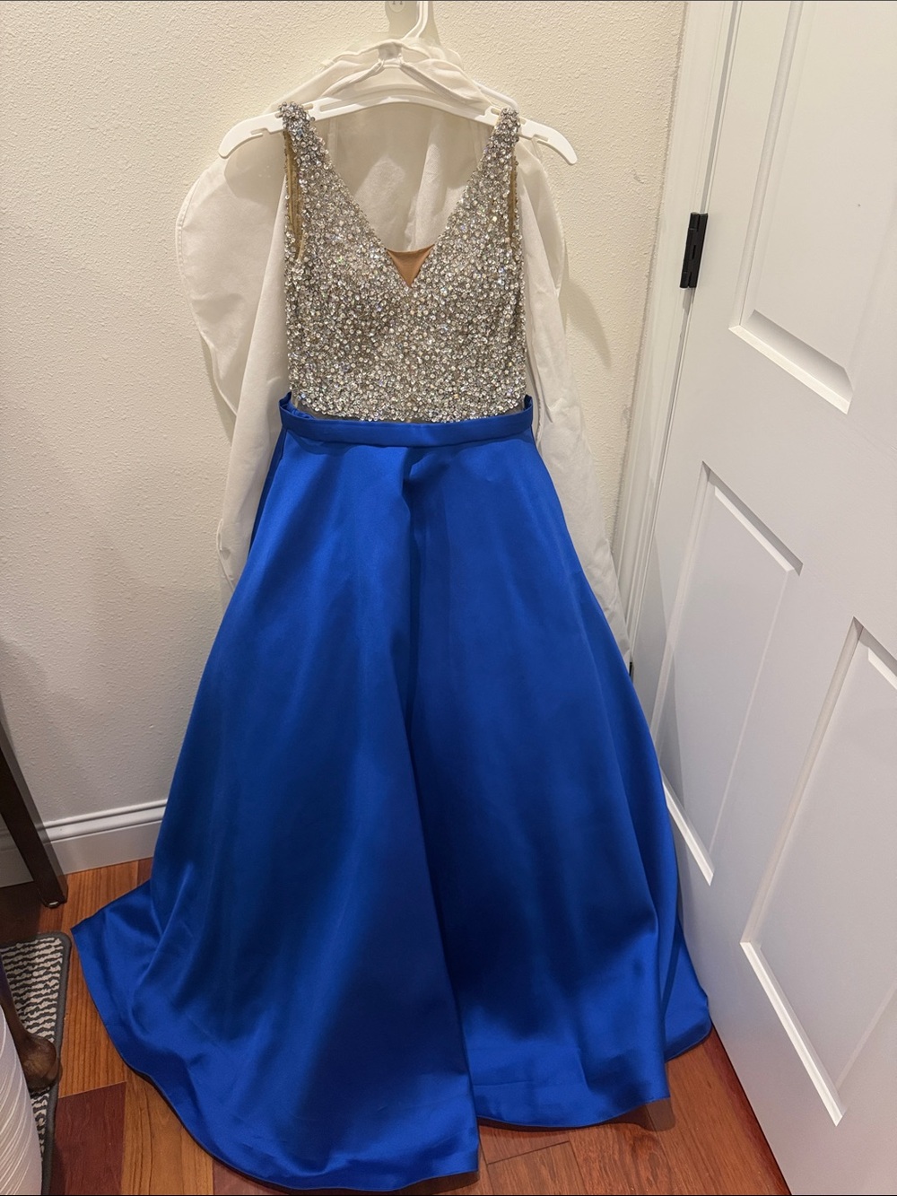 Jovani Royal Blue Satin Ball Gown with Silver Beaded Bodice